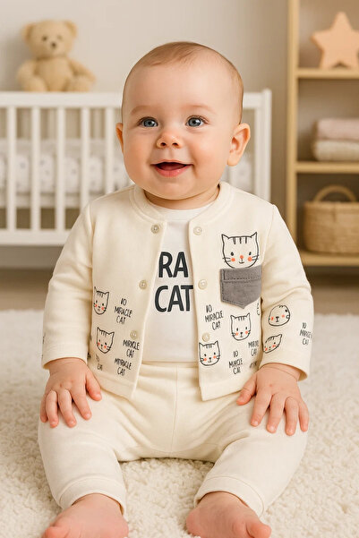 Generic Brand Cat Patterned 3-Piece Baby Girl Set with Cardigan