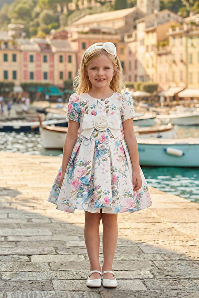 Pamina فستان بناتي - أبيض - كلاسيكي بنقشة زهور ناعمة واكسسوار شعر 36195