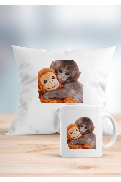teknofinal Punch maymun baskılı 2 li yastık kılıfı ve kupa bardak