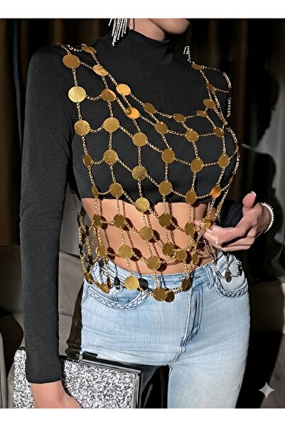 Mystique Feminine Kadın Zincir Göğüs Aksesuarı Bluz – Parlak Metal Body Chain...