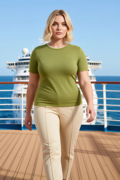 BENERLY Women's Blouse Slim Fit Crew Neck Piped Detail Short Sleeve Knitted R...