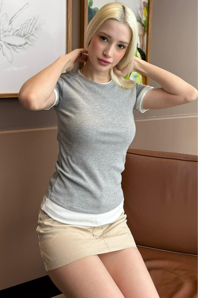 Madmext Tricou gri guler rotund cu două culori basic MG2682