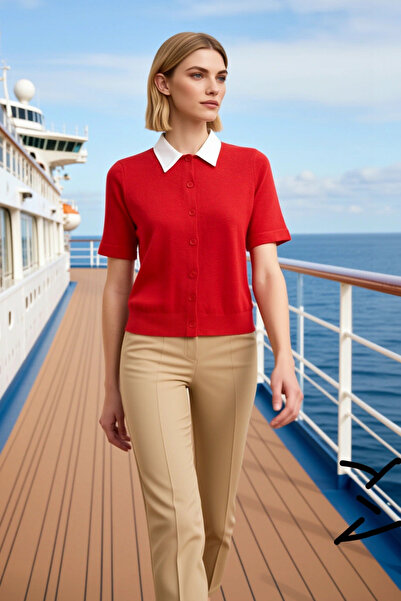 BENERLY Women's Blouse Shirt Knitwear Lapel Short Sleeve Color Block Slim D W...