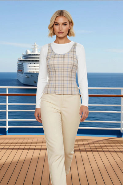 BENERLY Bluză pentru femei mărime mare guler rotund cu mânecă lungă ecosez în...