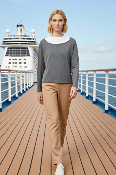 BENERLY Women's Knitted Blouse Double-Layer Design Boat Neck Off Shoulder Lon...