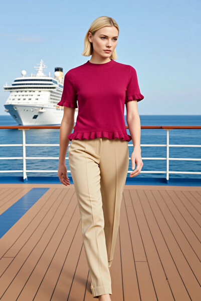 BENERLY Women's Blouse Knitwear Crew Neck Short Sleeve Ruffle Detail Plain Pa...