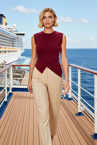 BENERLY Women's Blouse Crew Neck Sleeveless Asymmetrical Fitted Cut Knitted F...