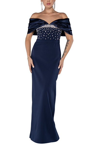 Arden Uzun Abiye Elbise, Kayık Yaka Omuz Dekolteli Taş İşlemeli Krep Nikah Dü...