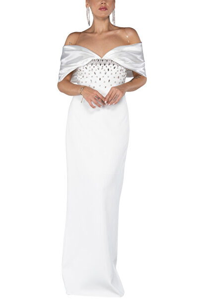 Arden Uzun Abiye Elbise, Kayık Yaka Omuz Dekolteli Taş İşlemeli Krep Nikah Dü...