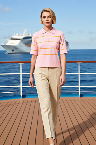 BENERLY Women's Blouse Polo Collar Three Button Short Sleeve Striped Fine Kni...