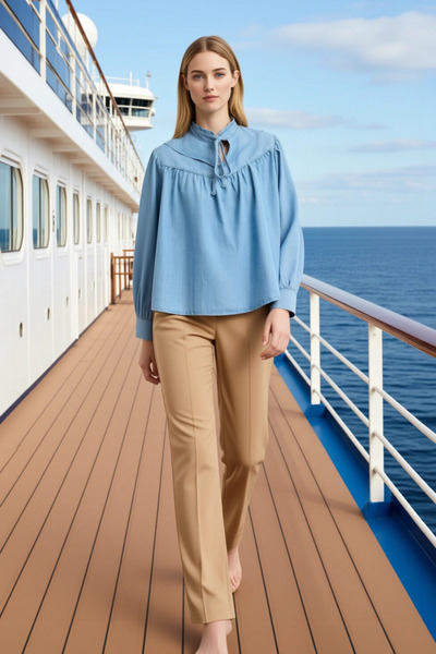 BENERLY Γυναικεία μπλούζα Relaxed Fit με γιακά και μακρύ μανίκι Τζιν Υφασμάτι...