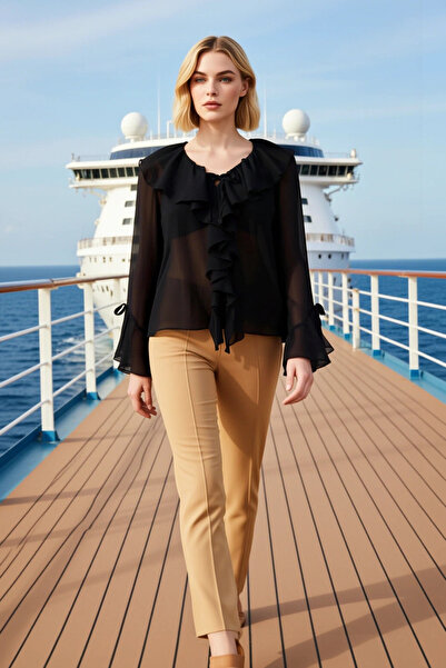 BENERLY Bluză de damă detaliu cu volane cu decolteu în V, mânecă lungă, cu în...