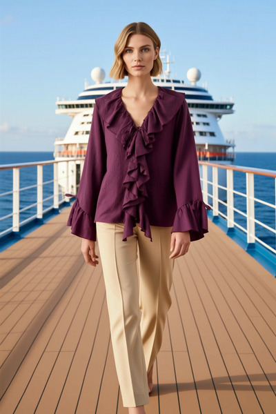 BENERLY Women's Blouse V-Neck Ruffle Detail Long Sleeve Lace-Up Cuff Woven Ae...