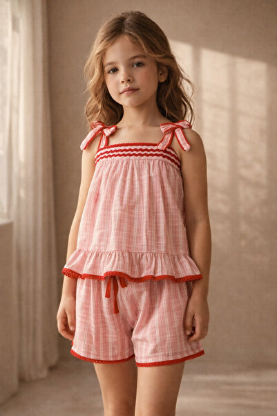 Katia&Bony Set de pijamale pentru fete, cu imprimeu floral, cu panglici, roz