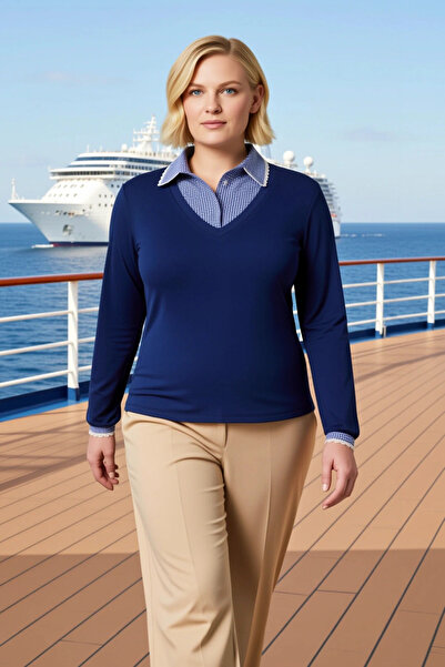 BENERLY Women's Plus Size Blouse Polo Collar Long Sleeve Regular Fit Plain Pa...