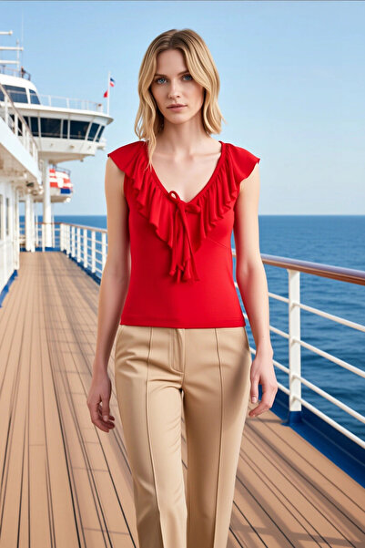 BENERLY Women's Blouse V-Neck Sleeveless Ruffled Ruffled Fitted Cut Soft Knit...