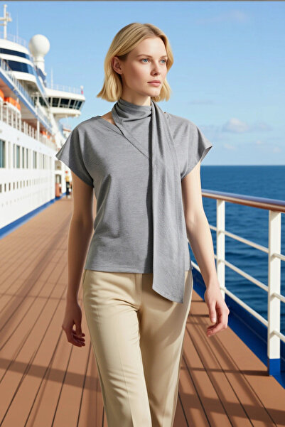 BENERLY Women's Blouse Fitted V-Neck Scarf Detailed Off Shoulder Short Sleeve...