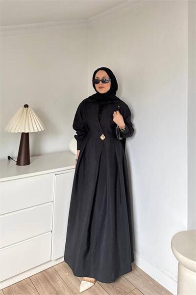 Neşeli Butik Women's Black Bel Gold Buckle Detail Shirt Collar Hijab Dress Nm...