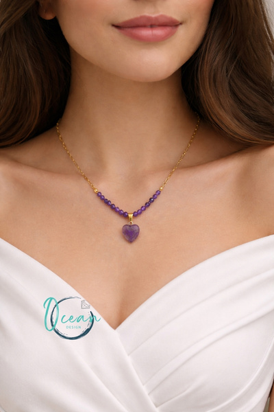 OceanDesign El Yapımı Ametist Taşlı Kadın Kolye 45 Cm Paslanmaz Çelik Zincirl...