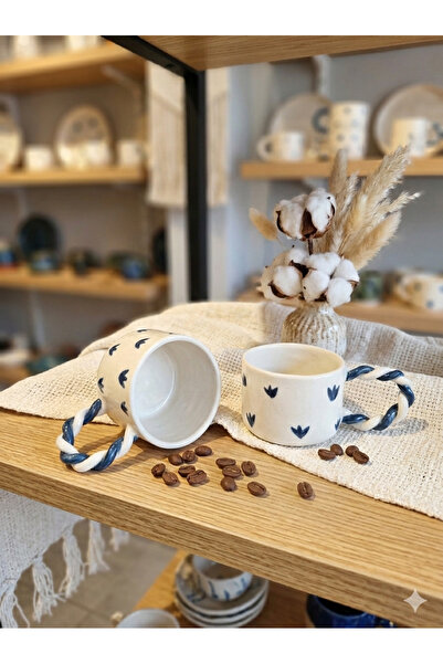 Arden Ceramic Premium Stoneware Burgu Strappy Set of 2 Mugs - Handmade Blue T...