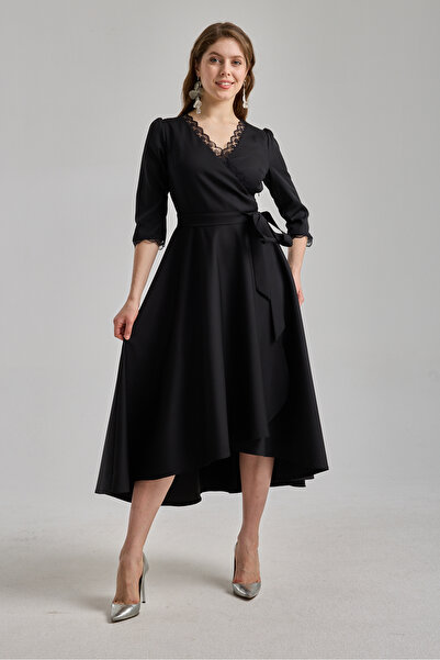 MAG FASHİON Evening Dress Graduation Dress Collar Sleeve Lace Asymmetrical Cu...