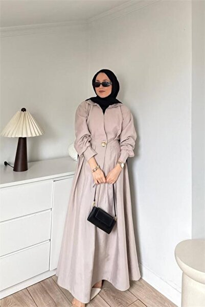 Neşeli Butik Women's Beige Bel Gold Buckle Detail Shirt Collar Hijab Dress Nm...