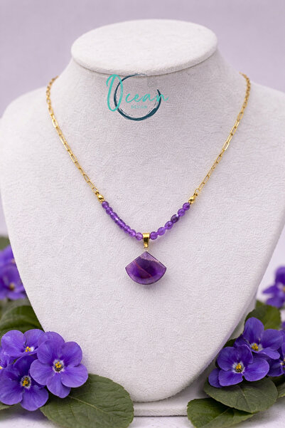 OceanDesign Handmade Amethyst Stone Women's Necklace with 45 cm Stainless Steel Chain and Amethyst Tip, Stylish Design