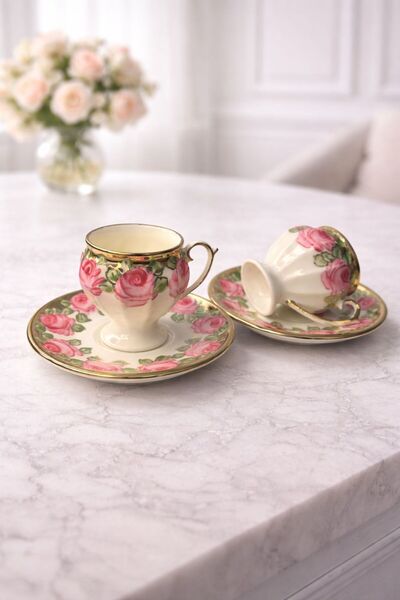 BY.RAYKA PORSELEN El Dekor ELİZYA 2 Lİ EL BOYAMA PORSELEN KAHVE FİNCANI