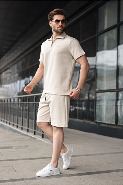 Madmext Beige Half-Zip Polo Collar T-Shirt Shorts Set E7348