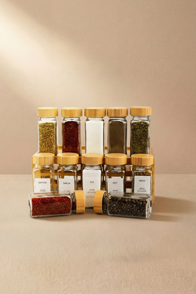 GÖNÜL Bambu Kapaklı 12’li Cam Baharatlık/Tuzluk Seti 120 ml, Düzenleyici Mini...