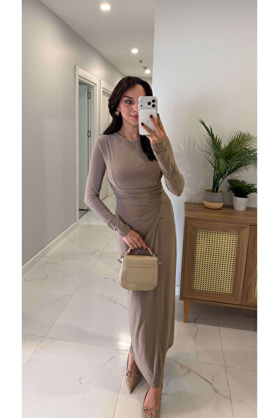 BİRCANÇİL Rochie Mokka Mink cu detaliu în talie