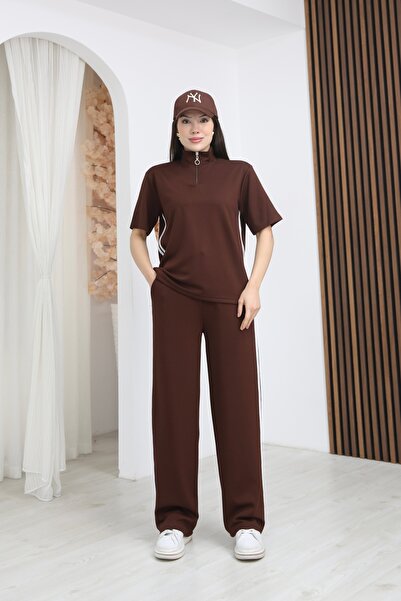 b buhari bykoc Zippered Shirt Collar Side Striped Detail Modal Fabric Tracksu...