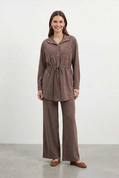 Puane Women's Mock Neck Snap Detailed Waist Tie-Detail Tunic Trousers Set – 1...