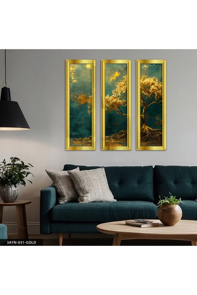 Evinemoda Gold Köklü Ağaç Gold Pleksi Aynalı 3 Parça Tablo