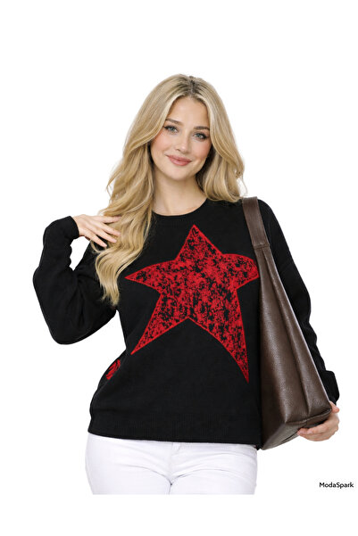 MODASPARK Black Crew Neck Star Patterned Oversized Women's Knitwear Sweater