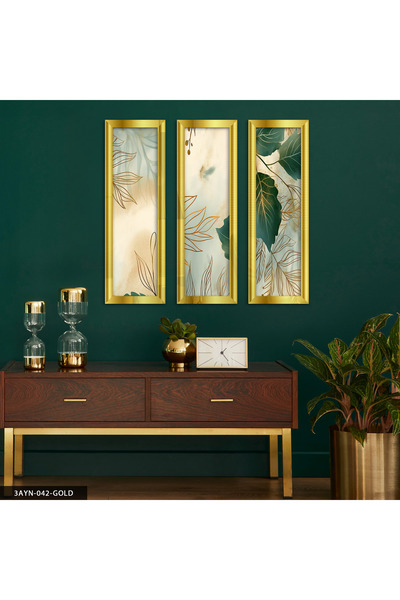 Evinemoda Yeşil Yaprak Gold Pleksi Aynalı 3 Parça Tablo