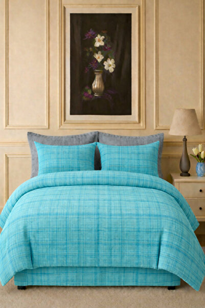 İQON Flat Sheet Pcs Duvet Cover Set Single Turquoise-Gray with Feathers