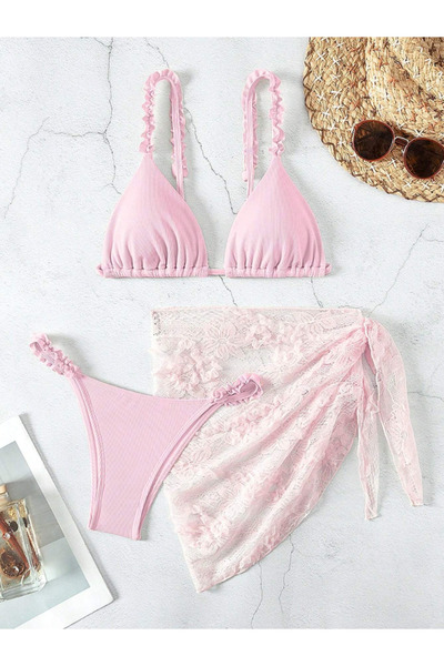 Dotail GORGLITTER women's swimsuit, 3-piece set with lace skirt, pink, size M