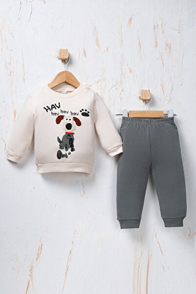 Rocha Baby Rocha Baby Boy Ecru Cinnamon Dog Figured 2-Piece Set - Cotton Set with'Hav Hav' Embroidery