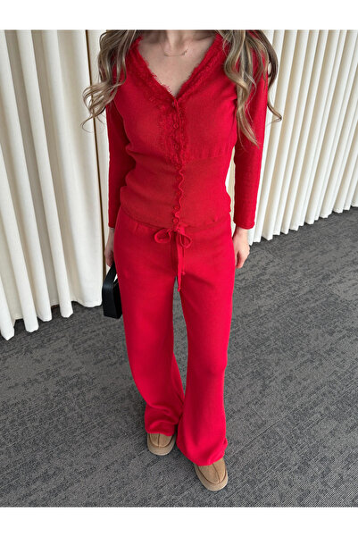 Laluvia Red Lace Piece Double Knitwear Set - 2602