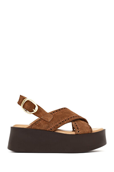 Derimod Women's Tan Backless Buckled Thick Sole Suede Leather Sandals 26Sfd20...