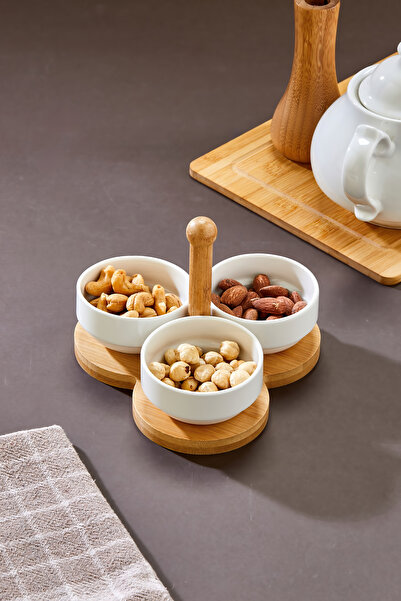 Cooker 3'lü 8 cm Bambu Standlı Porselen Sunumluk Reçellik Çerezlik CKR3934