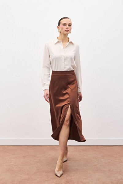Sateen Slit Satin Skirt - Brown