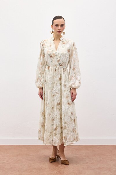 Sateen Embroidered Patterned Long Dress - Mink