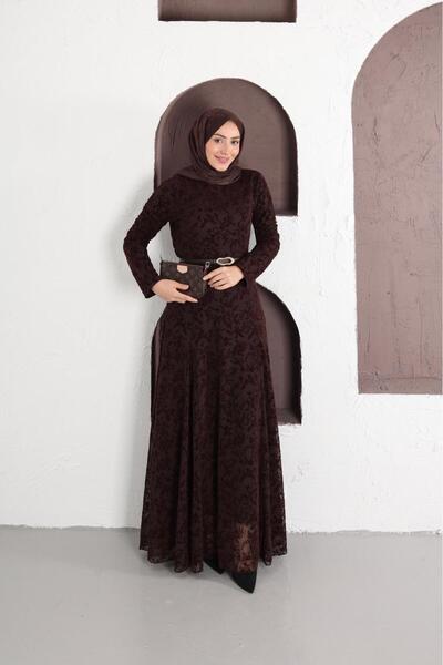 Moda Krash Lace Belt Full-Length Dress with Gift