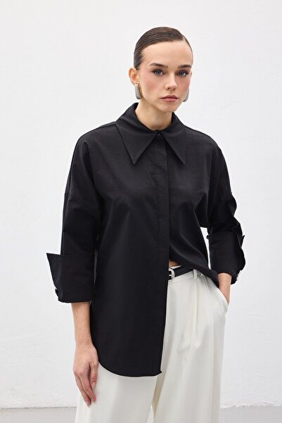 Sateen Button Detailed Shirt - Black
