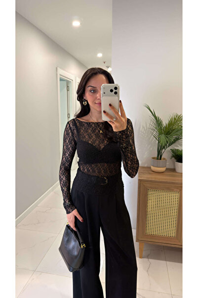 BİRCANÇİL Bluză Ledra Black dantelă cu guler larg