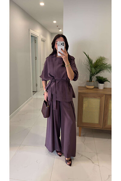 BİRCANÇİL Gufre Mürdüm Tencel Belted Jacket and Pants Set