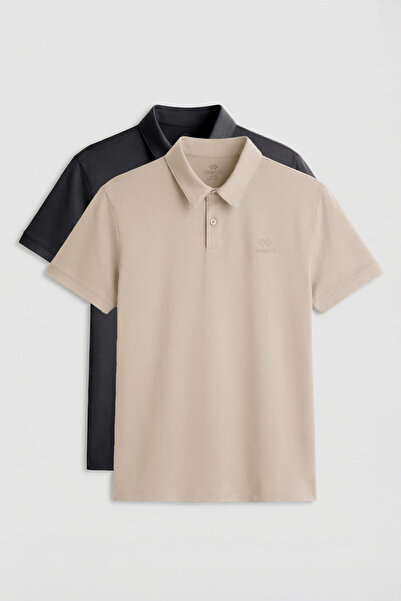 TOMMY LIFE Ανδρικό T-Shirt Standard Fit Basic Polo Neck 2-pack σε ανθρακί-μπε...