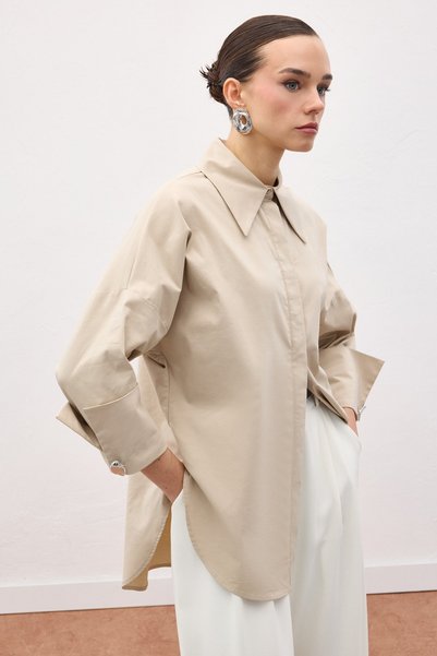Sateen Button Detailed Shirt - Beige